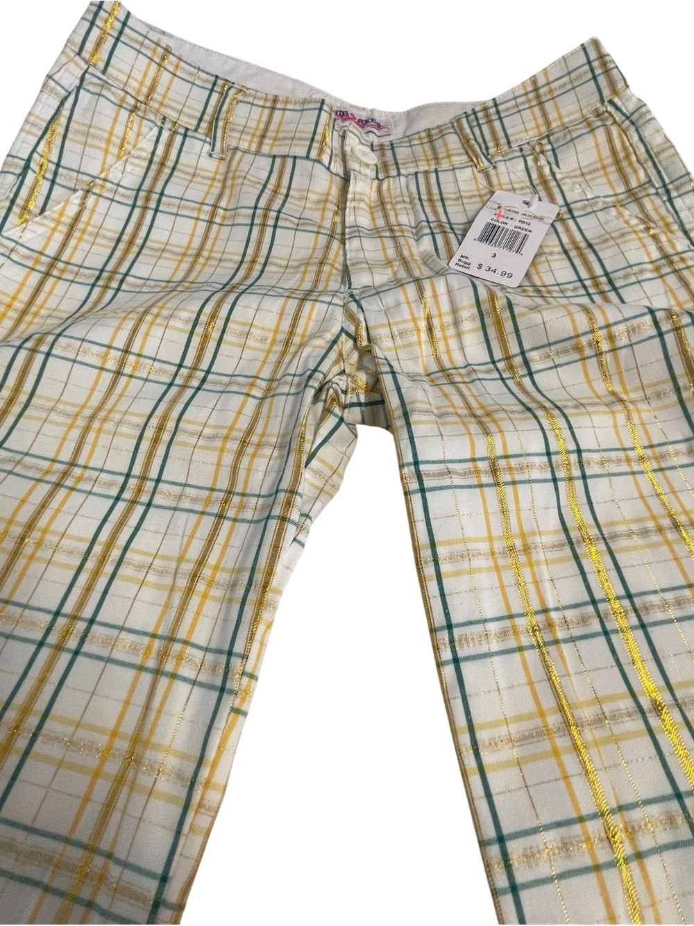 Blue Axes NWT White Plaid Long Shorts with Gold & Green Stripes